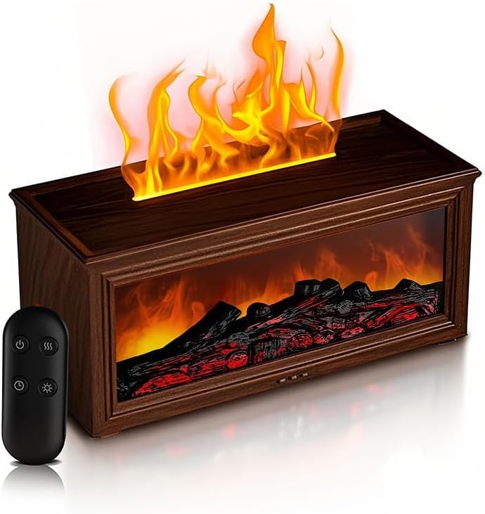 Aeshory Fireplace Essential Oil Diffuser, 280ml Flame Aroma Diffusers with Remote Control, USB Aromatherapy Diffuser Mist Humidifier, 7 Colors Firelight, Auto Shut-Off, Timer, Brown