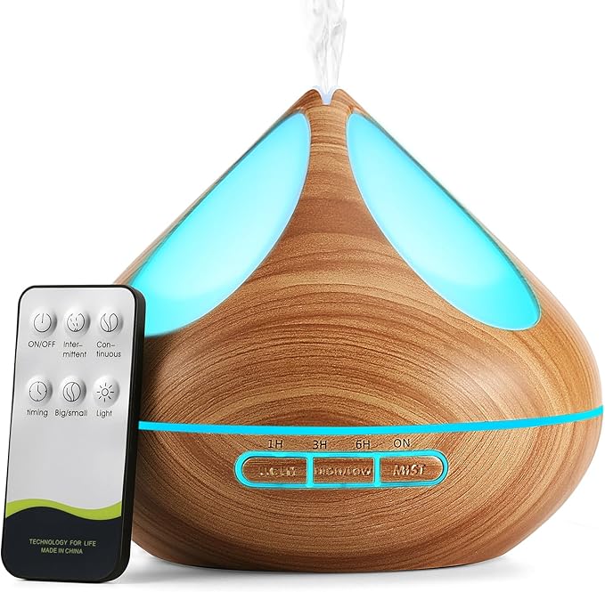 Aroma Diffuser Electric Humidifier : Ultrasonic Diffusers for Home - 500ml&4 Timers& 7-LED - For Family&In Office Bedroom - With Remote Control&Gift for Mom, Brown