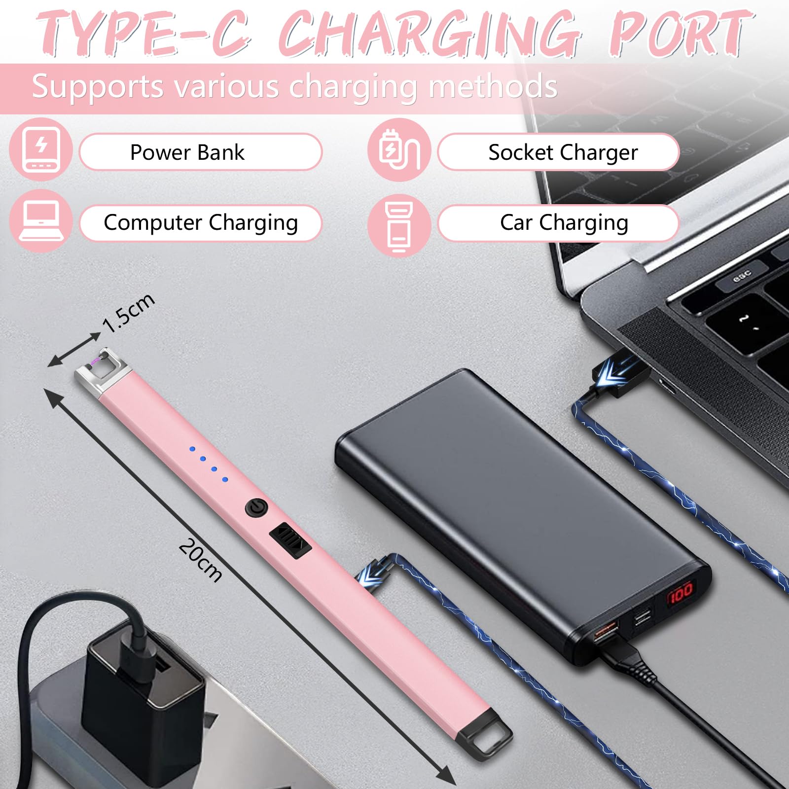 Aouply Candle Lighter, Rechargeable USB Electric Lighter, Windproof Flameless, LED Display, Battery Indicator for BBQ, Grill, Camping, Fireplace, Stove, Parties(Rose Gold)