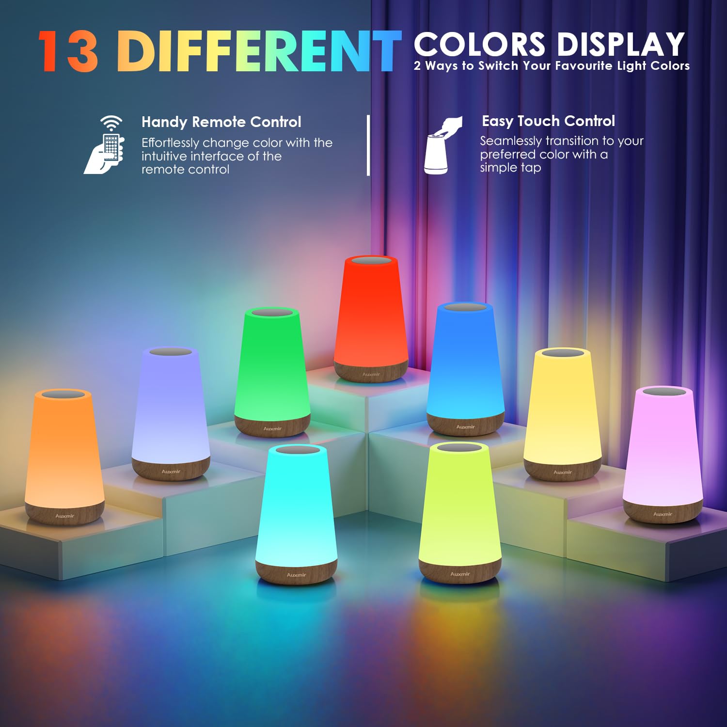 Auxmir Night Light, LED Touch Bedside Table Lamp, Remote Control Dimmable Light with RGB Color Changing, USB Rechargeable, Portable Lamp for Children, Kids, Bedroom, Living Room, Camping