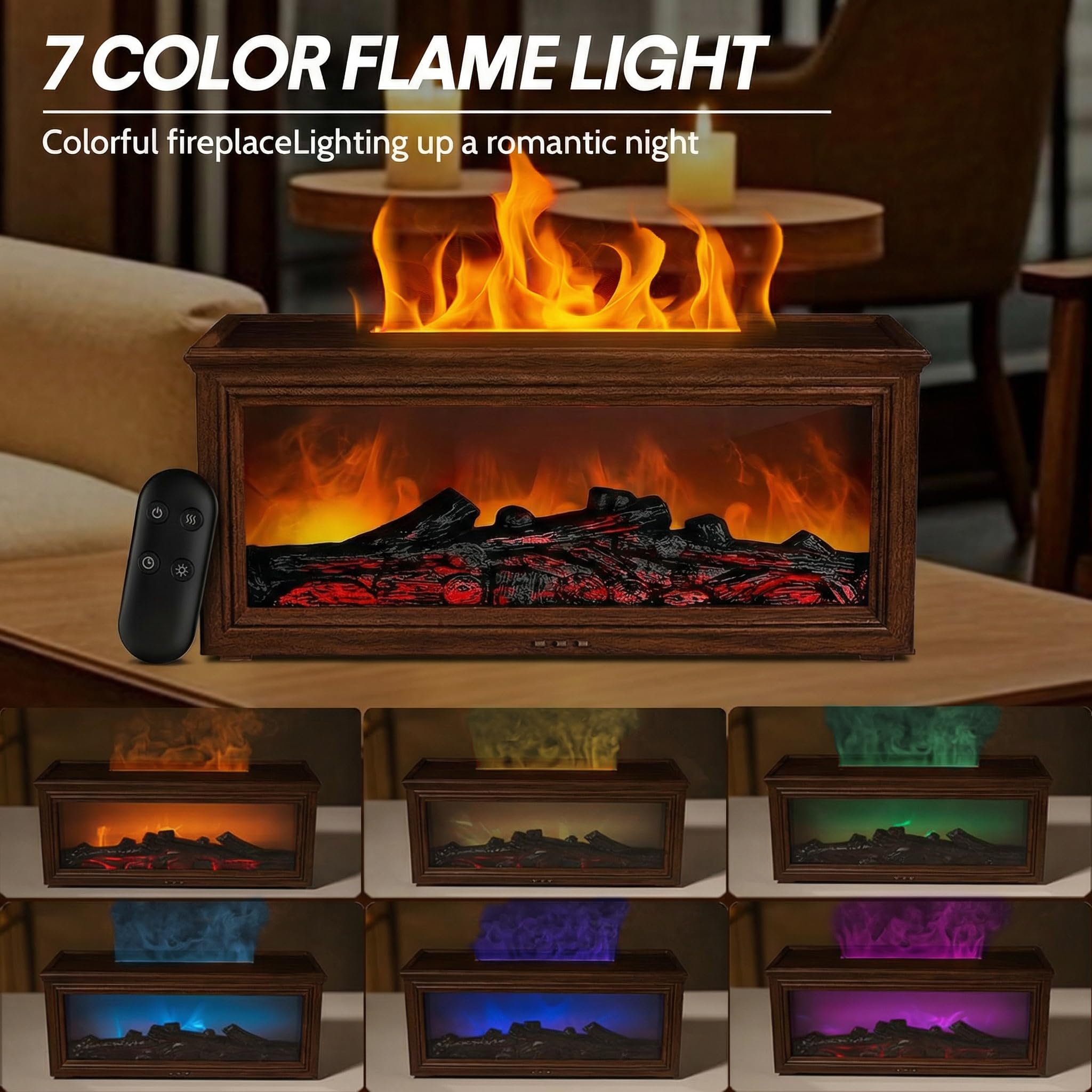 Aeshory Fireplace Essential Oil Diffuser, 280ml Flame Aroma Diffusers with Remote Control, USB Aromatherapy Diffuser Mist Humidifier, 7 Colors Firelight, Auto Shut-Off, Timer, Brown