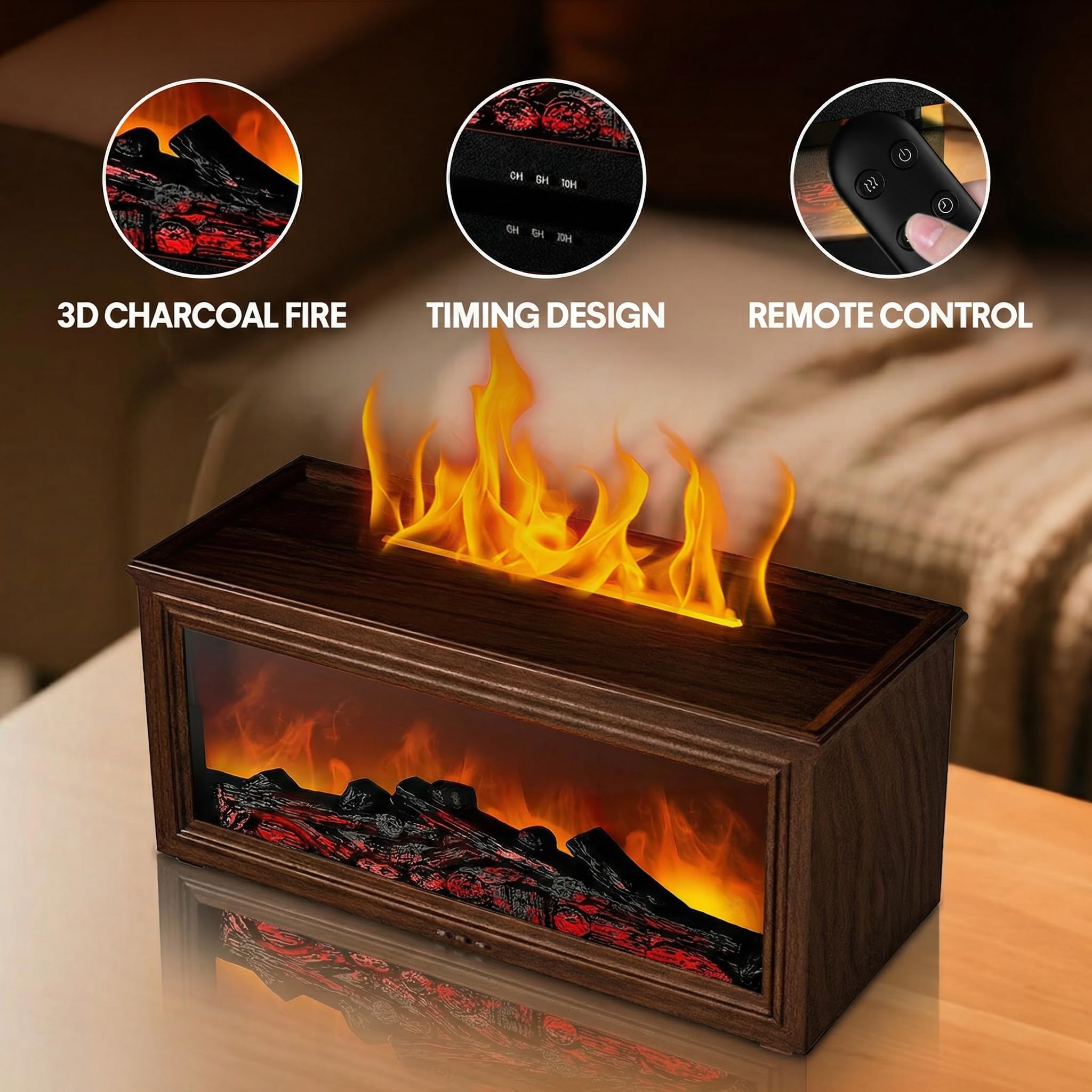 Aeshory Fireplace Essential Oil Diffuser, 280ml Flame Aroma Diffusers with Remote Control, USB Aromatherapy Diffuser Mist Humidifier, 7 Colors Firelight, Auto Shut-Off, Timer, Brown