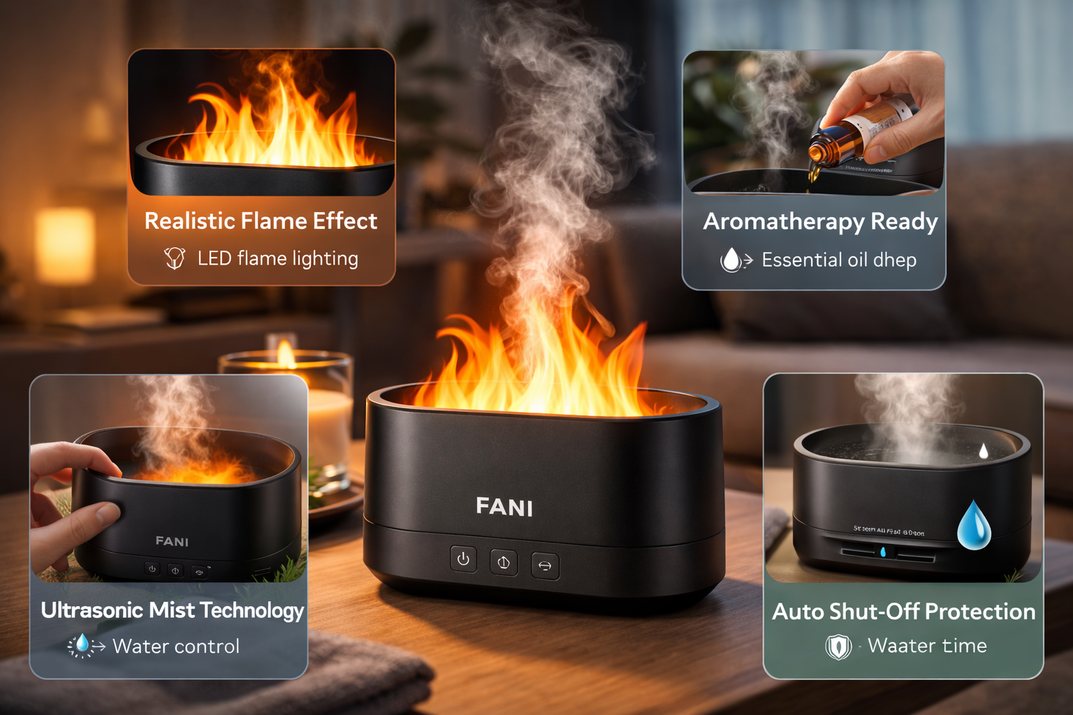 FANI Flame Aroma Diffuser™ – LED Fire Mist Humidifier, Ultrasonic Aromatherapy Essential Oil Diffuser for Home & Office